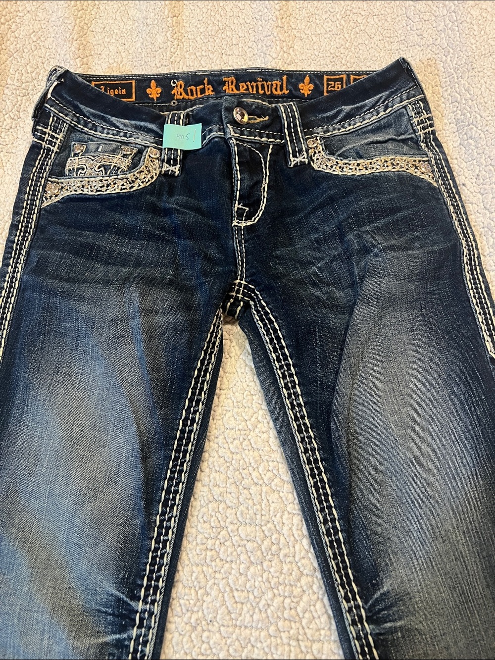 Rock Revival Dark Blue Boot Cut Jeans with White Contrast Stitching